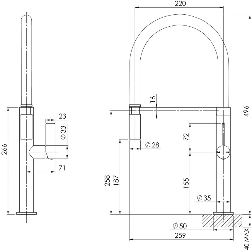 Designer Sink Mixers technical installation dimensions for Phoenix Prize 220mm sink mixer showing height and spread by Tilemall