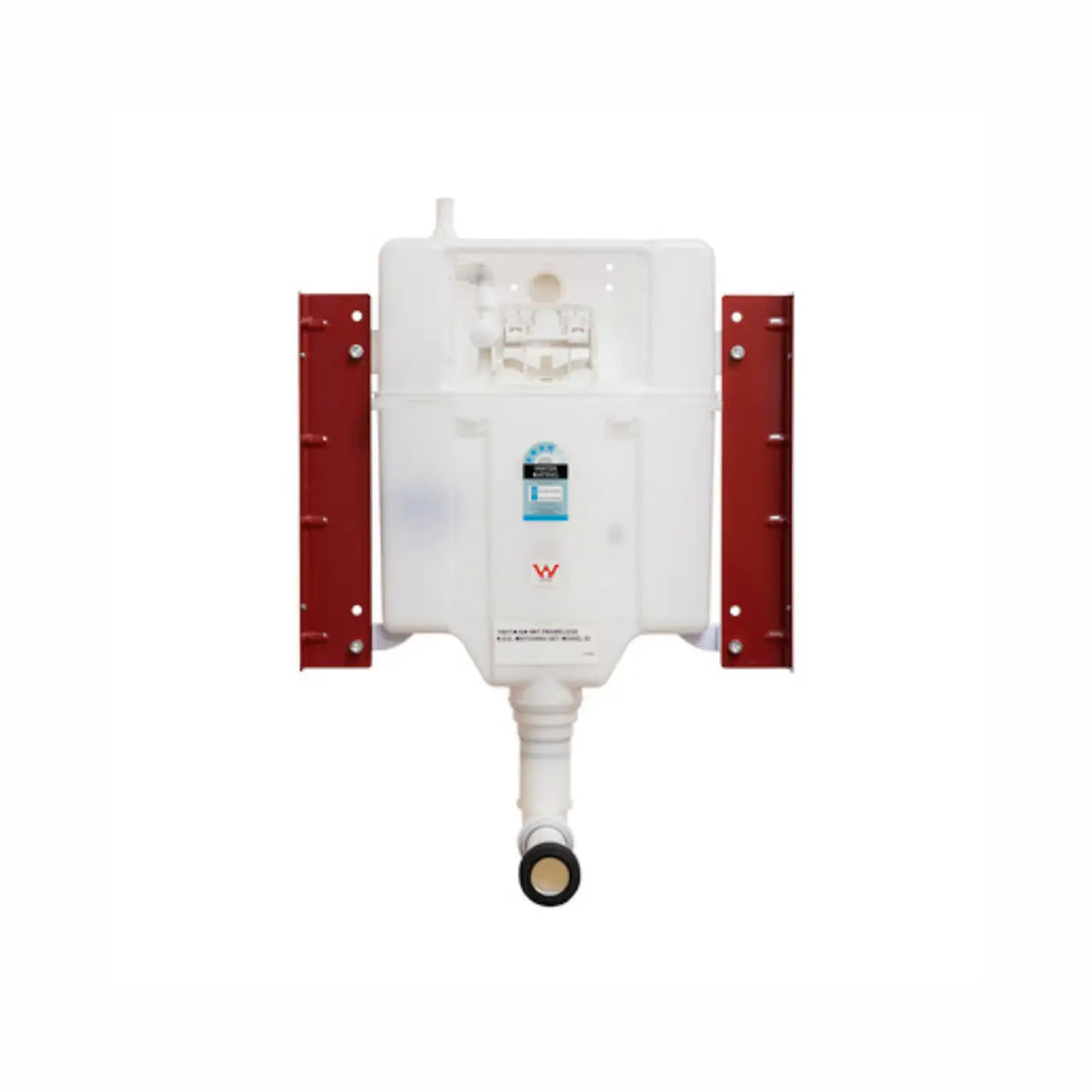 KL mechanical wall-faced toilet cistern 90mm standard height by Tilemall, white with red mounting brackets