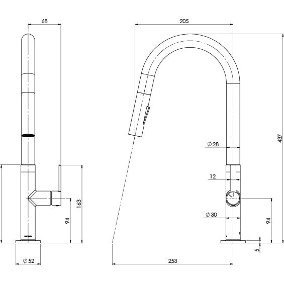 Technical installation dimensions for Phoenix Lexi MKII pull out sink mixer by Tilemall