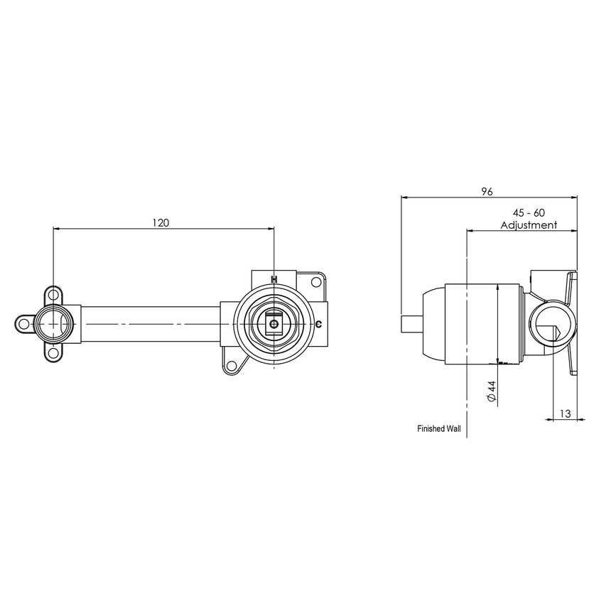 Technical installation dimensions for Phoenix Builders wall mixer showing 120mm spread and wall projection by Tilemall