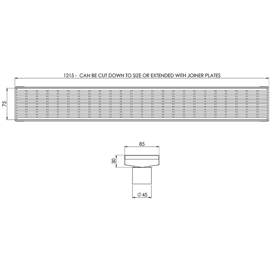 Phoenix V channel drain technical specifications showing 1215mm length, 75mm height, 45mm outlet diameter by Tilemall