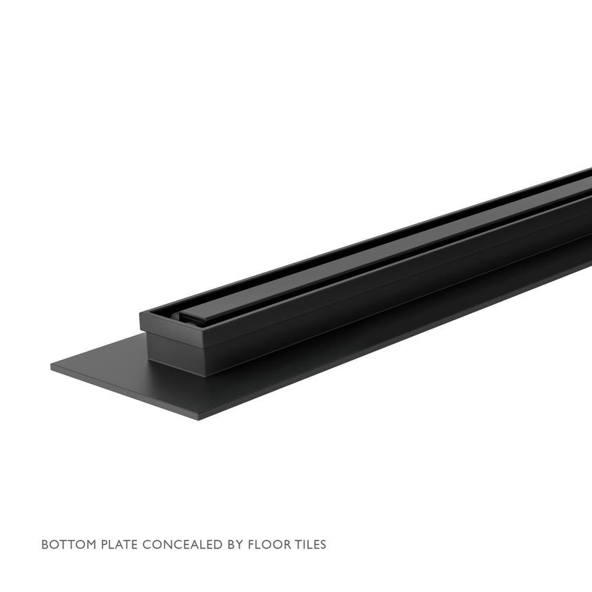 Phoenix Flat channel drain 30x600mm showing concealed bottom plate installation beneath floor tiles by Tilemall