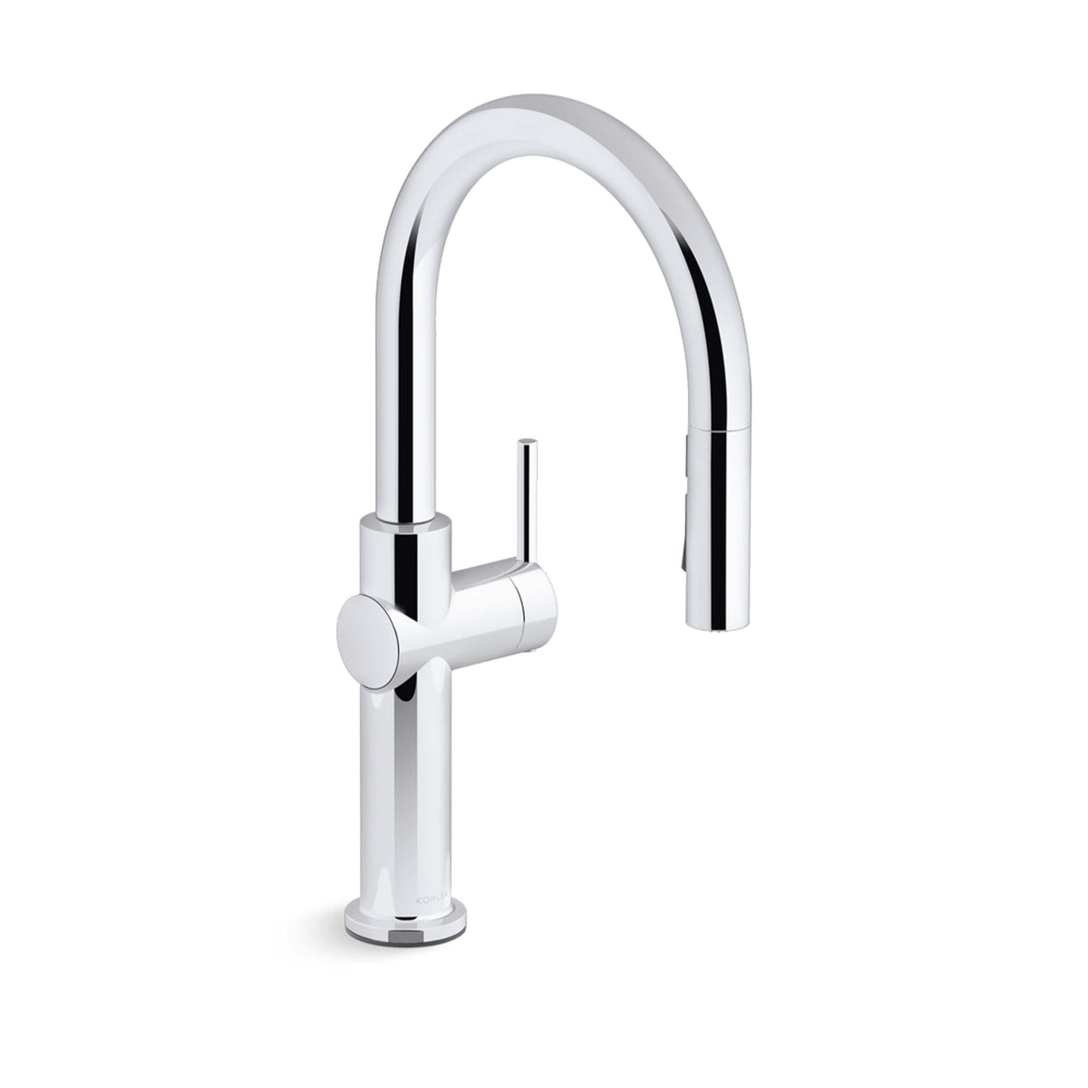 Kohler Crue chrome pull out kitchen mixer by Tilemall with curved spout and single lever handle