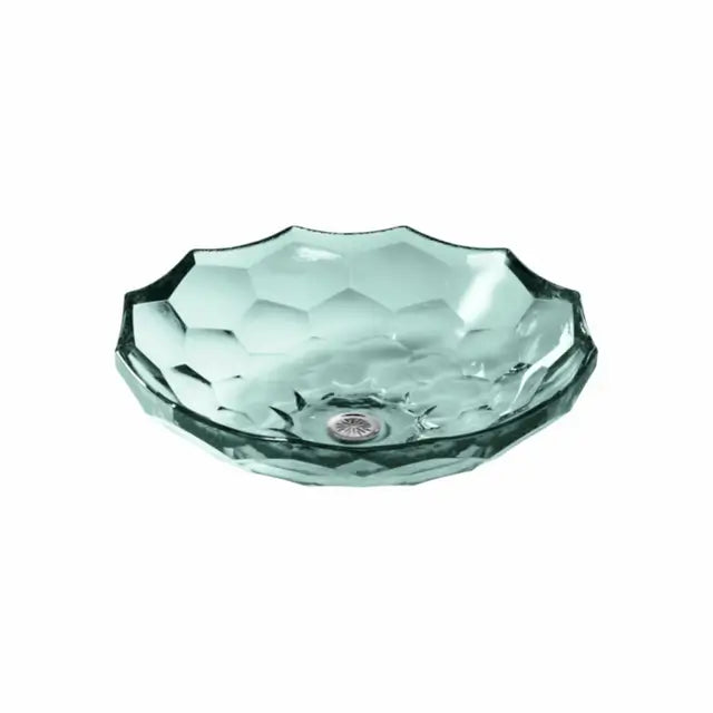 Kohler Briolette above-counter glass basin by Tilemall, translucent dew with faceted design and chrome waste
