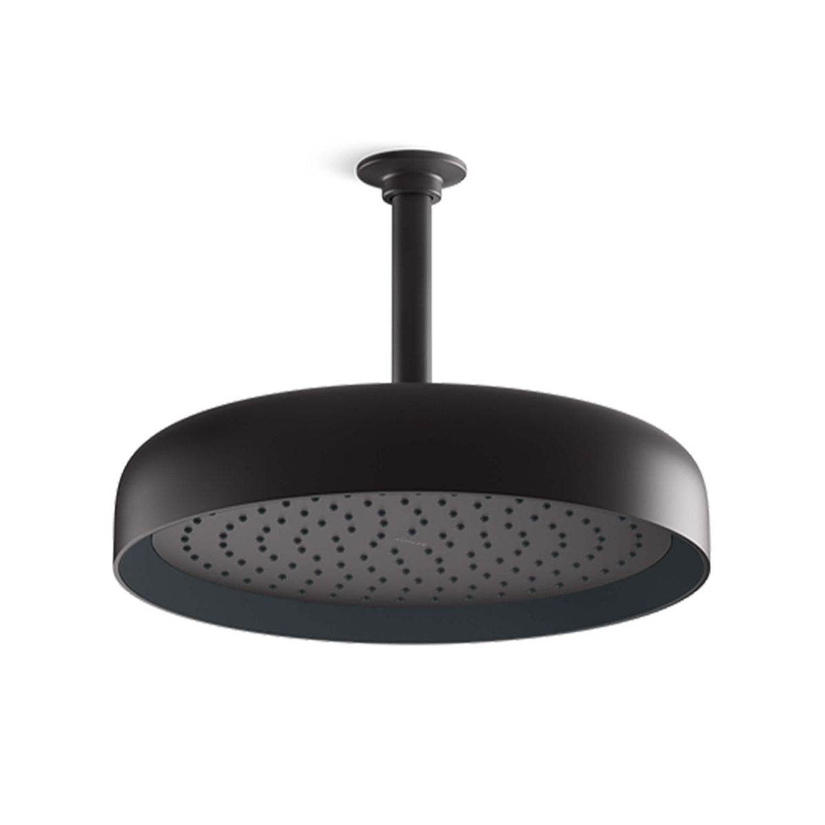 Kohler Statement matte black rain shower head by Tilemall with round face and ceiling mount arm