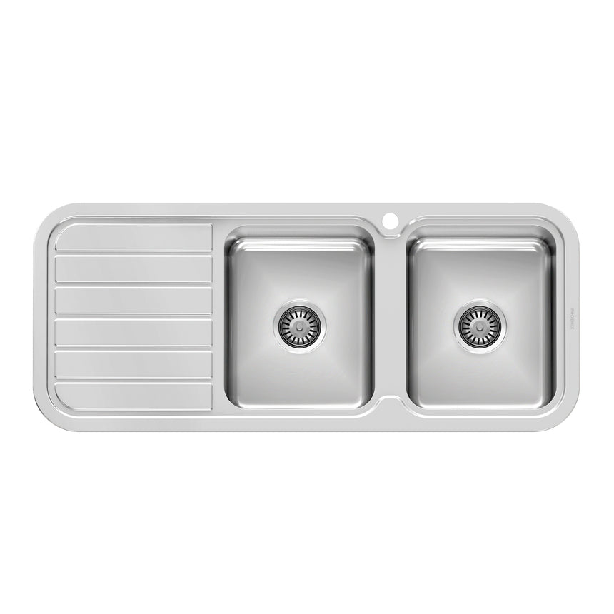 Phoenix 1000 Series 1180mm double bowl stainless steel sink by Tilemall with left drainer and tap hole
