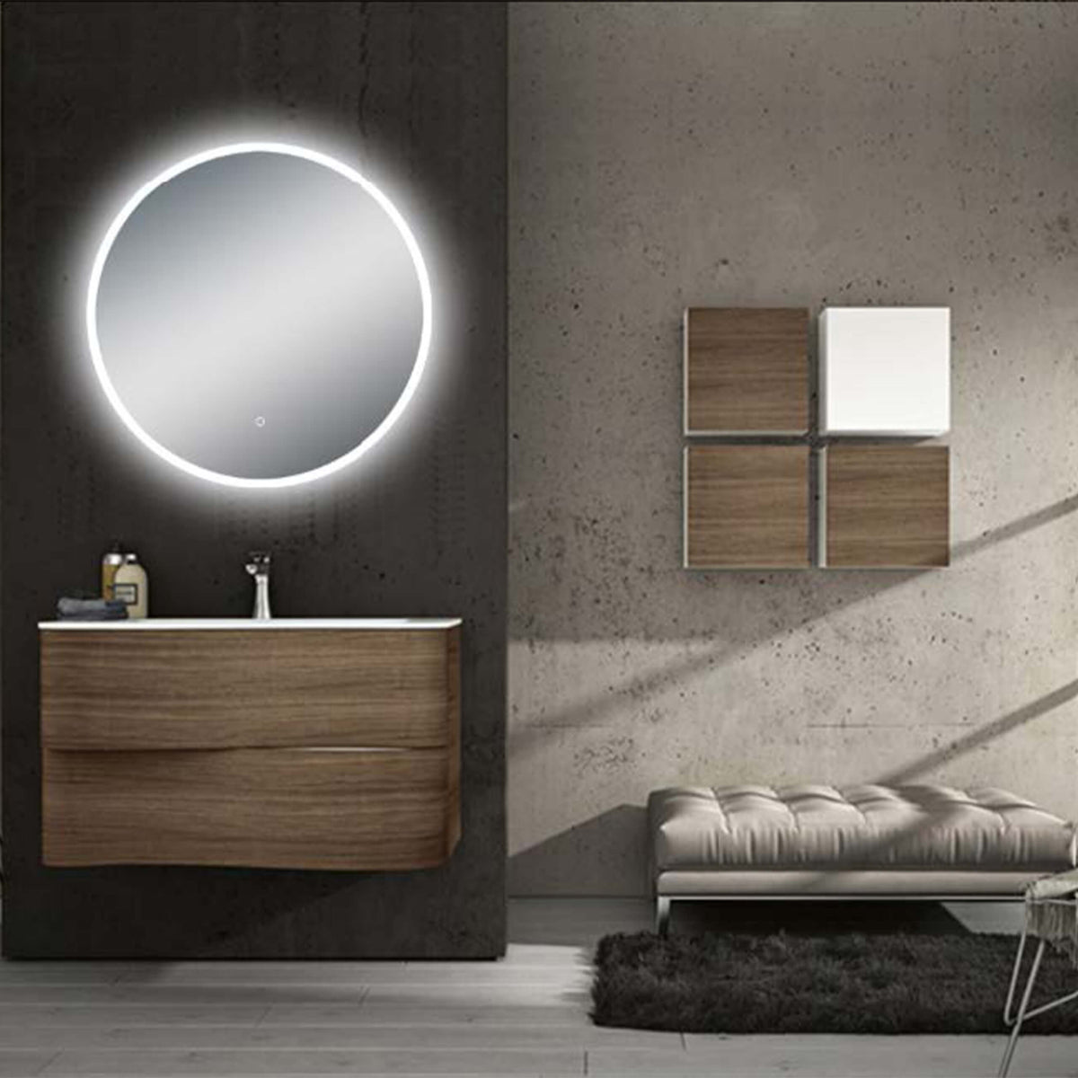 Round 600mm Lamex LED frameless mirror by Tilemall with white edge lighting and touch control