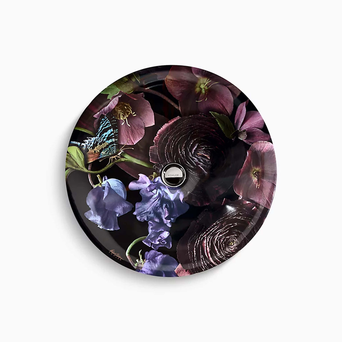 Round above-counter ceramic basin by Tilemall, Kohler Dutchmaster Midnight Floral with butterfly and dark floral motif