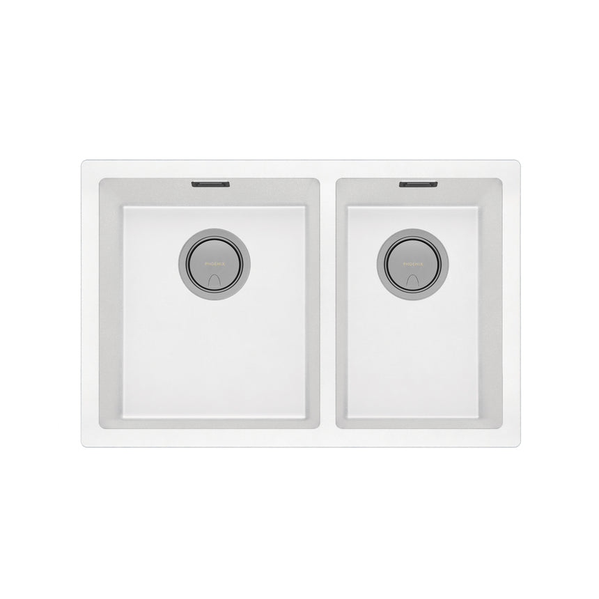 Phoenix 5000 matte white porcelain double bowl under-mount sink by Tilemall with rounded corners