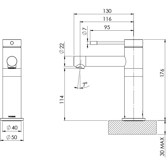 Technical installation dimensions diagram for Phoenix Vivid Slimline SS basin mixer showing height 176mm and spread by Tilemall