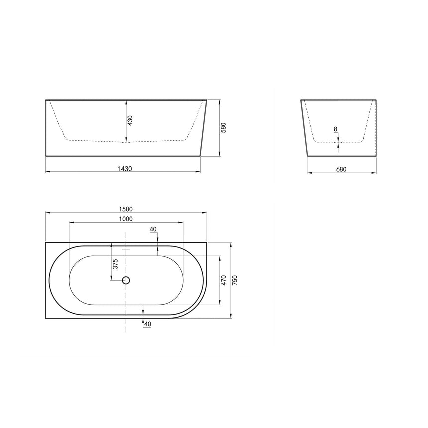 Corner Bathtub Left 1500mm Gloss White with Overflow Bath Inspire