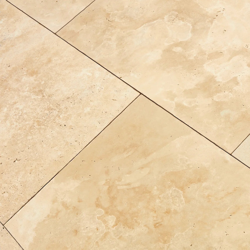 Ivory Premium Travertine natural stone surface and installation by Tilemall