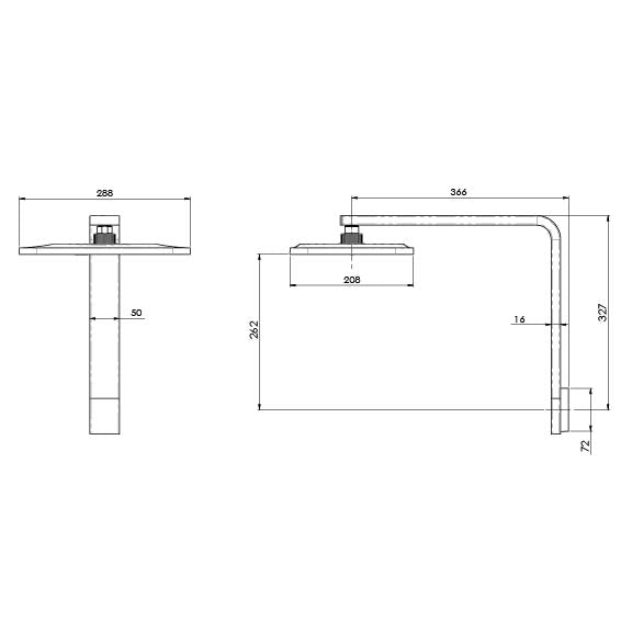 Technical installation dimensions diagram for Phoenix Orli shower arm and rose by Tilemall