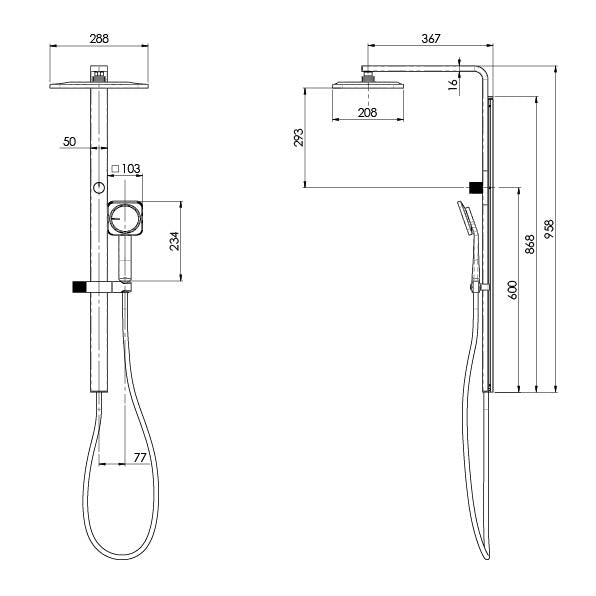 Technical installation dimensions for Phoenix Orli twin shower system by Tilemall