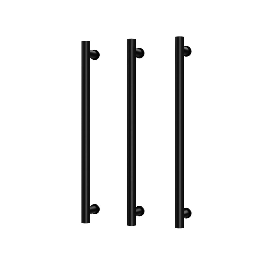 Phoenix heated triple towel rail 600mm matte black by Tilemall, vertical round bars with ball end supports
