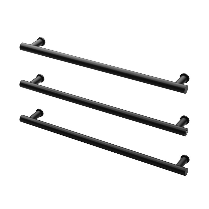 Phoenix matte black heated towel rail showing three horizontal bars with cylindrical end fittings by Tilemall