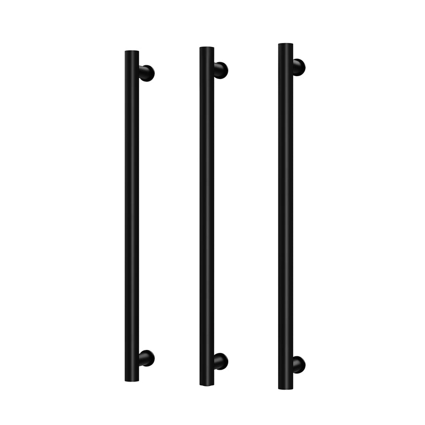 Phoenix heated triple towel rail 800mm matte black by Tilemall with round vertical bars and wall-mounted brackets