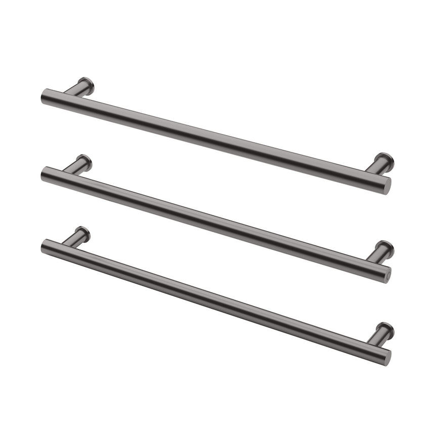 Phoenix triple heated towel rail horizontal bar detail showing brushed carbon finish with end caps by Tilemall
