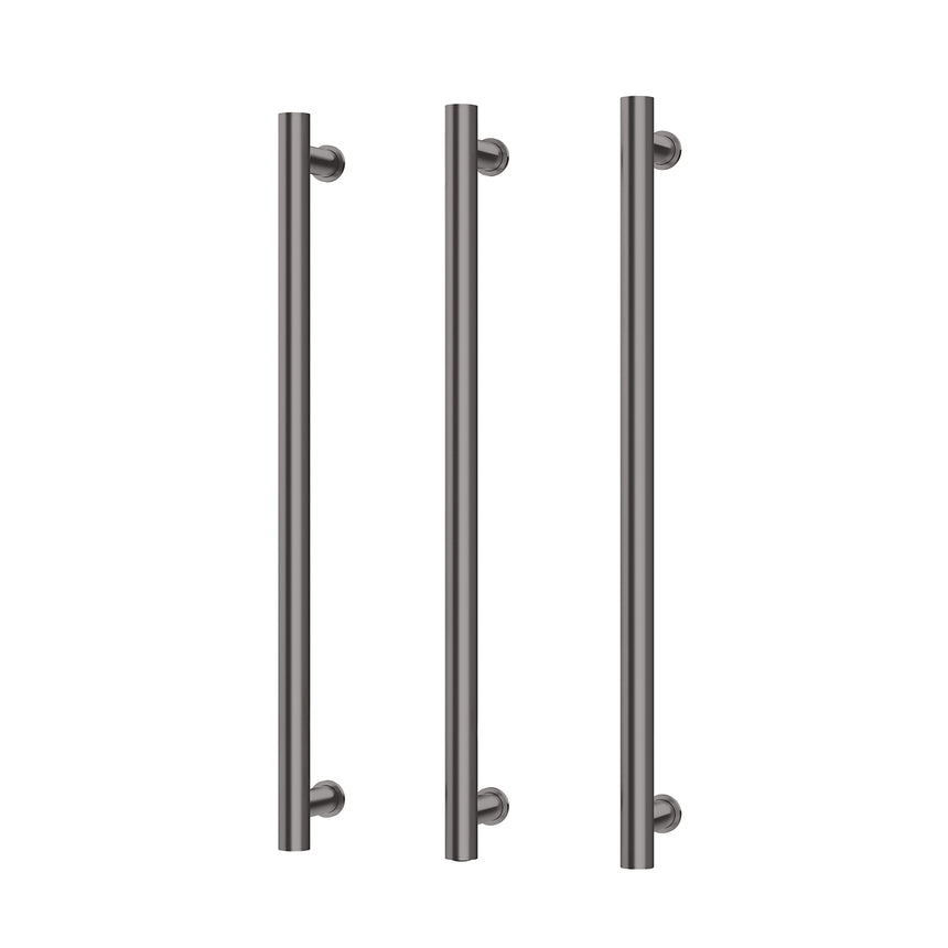 Phoenix Heated Triple Towel Rail Round 800mm brushed carbon by Tilemall, three vertical bars with mounted brackets