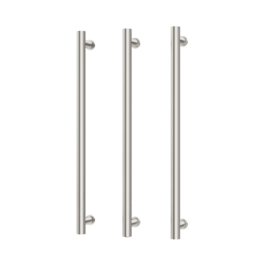 Phoenix Heated Triple Towel Rail Round 800mm brushed nickel by Tilemall, three vertical bars with wall-mounted brackets
