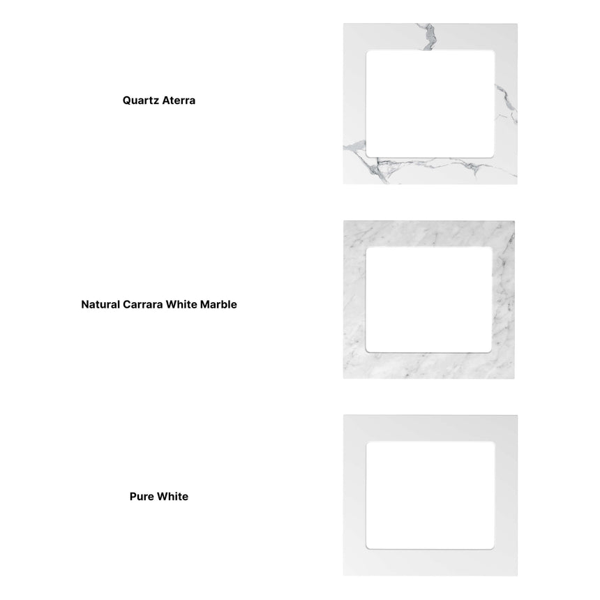 Stone benchtop finish options for Otti Marlo OT laundry cabinet: Quartz Aterra, Natural Carrara White Marble, Pure White by Tilemall