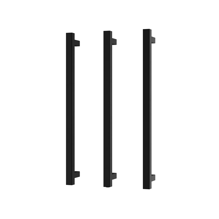 Phoenix heated triple towel rail 600mm matte black by Tilemall, three vertical square-profile bars with mounting brackets