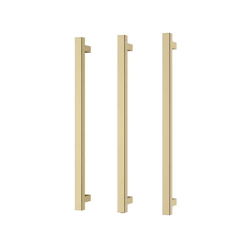 Phoenix Heated Triple Towel Rail Square 600mm brushed gold by Tilemall, three vertical heated bars with square profile