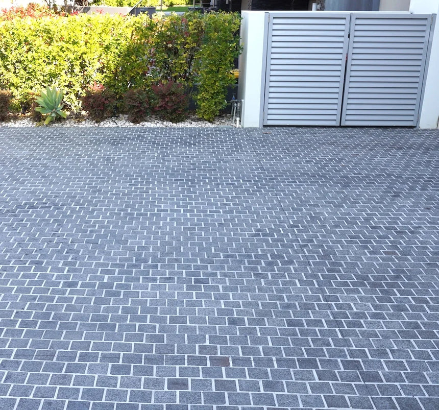 Raven Black Granite mesh-backed sheet layout by Tilemall
