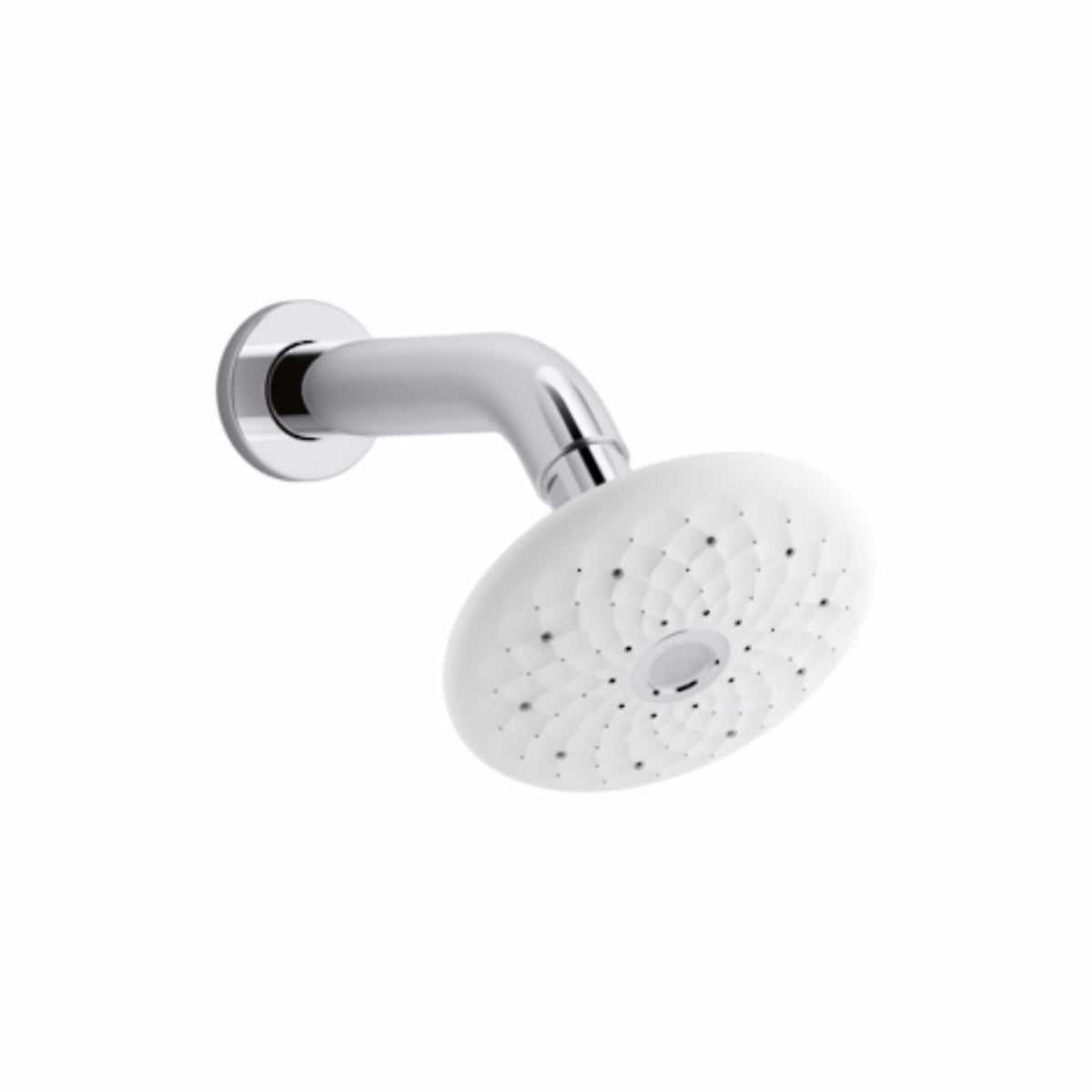 Kohler Exhale chrome rain shower head by Tilemall with white face and wall-mounted arm