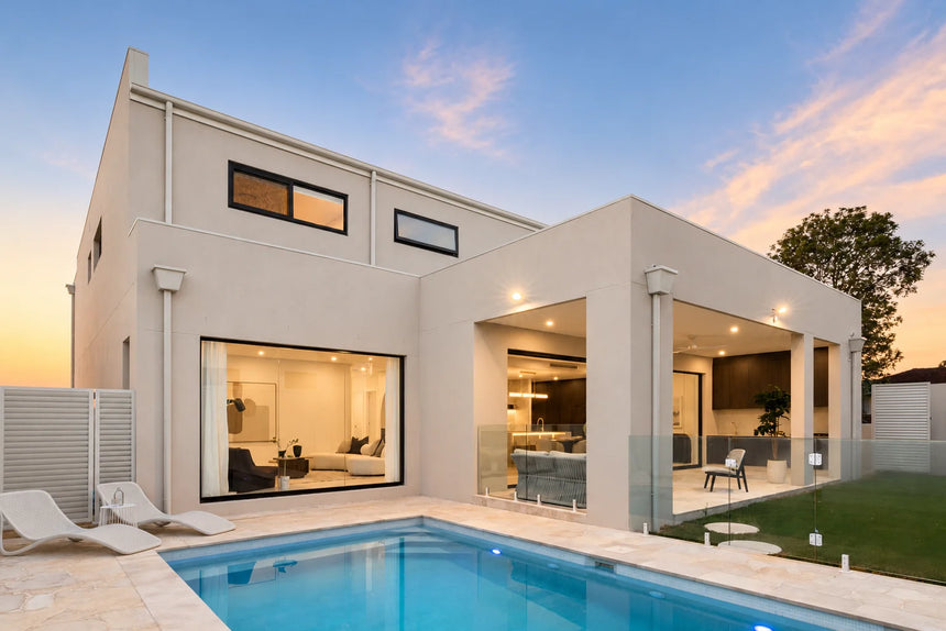 Cresme crazy paving beside a pool and a two-storey home by Tilemall