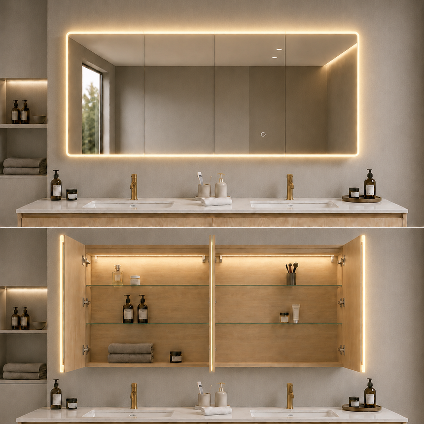 Lukka Avola PVC Triple LED Shaving Cabinet avola four-door LED shaving cabinet open shelves with warm LED interior strip by Tilemall