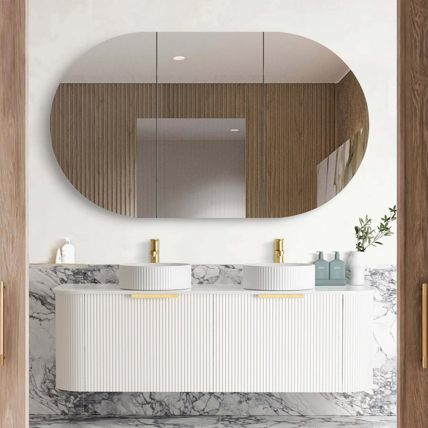 Bondi Satin White Fluted Double Basin Vanity Vanity Otti Australia 1500mm Solid Surface Cloudy Carrara-20mm