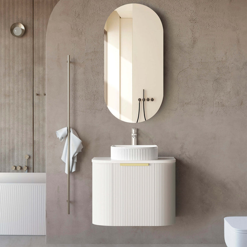 Bondi Satin White Fluted Single Basin Vanity Vanity Otti Australia 600mm Solid Surface Cloudy Carrara-20mm