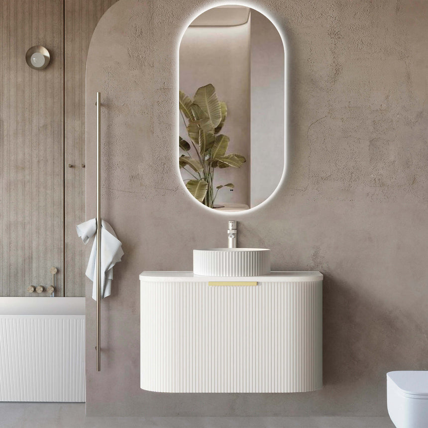 Bondi Satin White Fluted Single Basin Vanity Vanity Otti Australia 750mm Solid Surface Cloudy Carrara-20mm