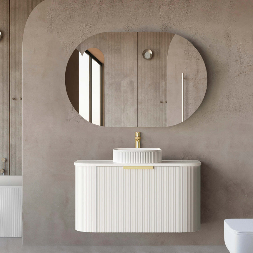 Bondi Satin White Fluted Single Basin Vanity Vanity Otti Australia 900mm Solid Surface Cloudy Carrara-20mm