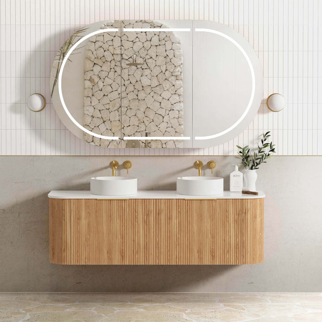 Bondi Woodland Oak Fluted Double Basin Vanity Vanity Otti Australia 1500mm Natural Carrara White Marble-18mm
