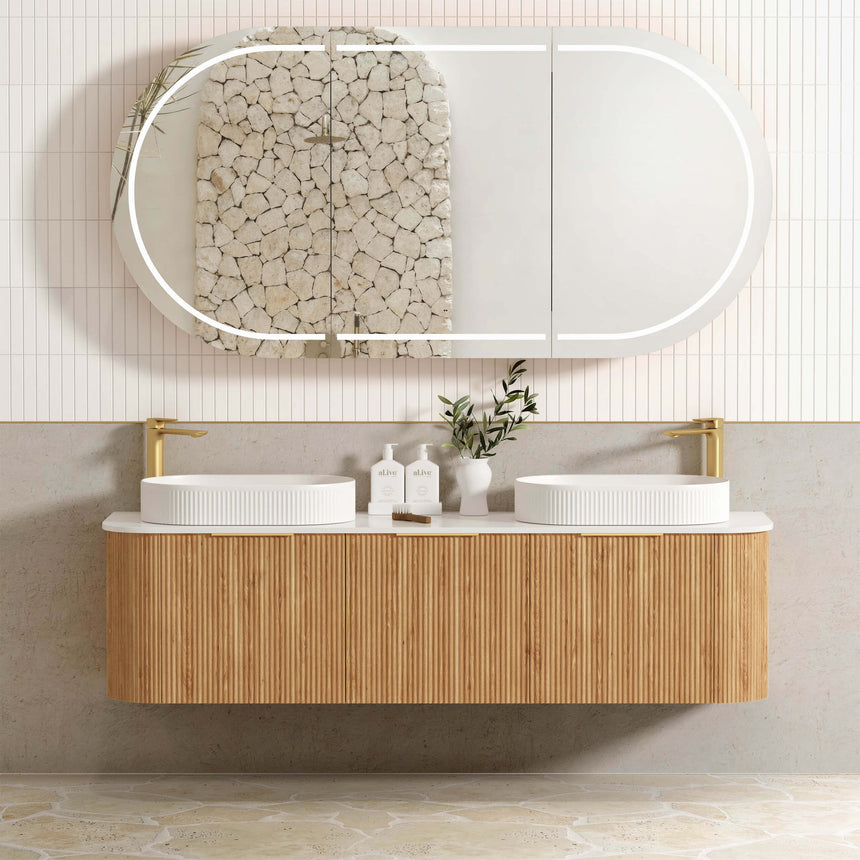 Bondi Woodland Oak Fluted Double Basin Vanity Vanity Otti Australia 1800mm Natural Carrara White Marble-18mm