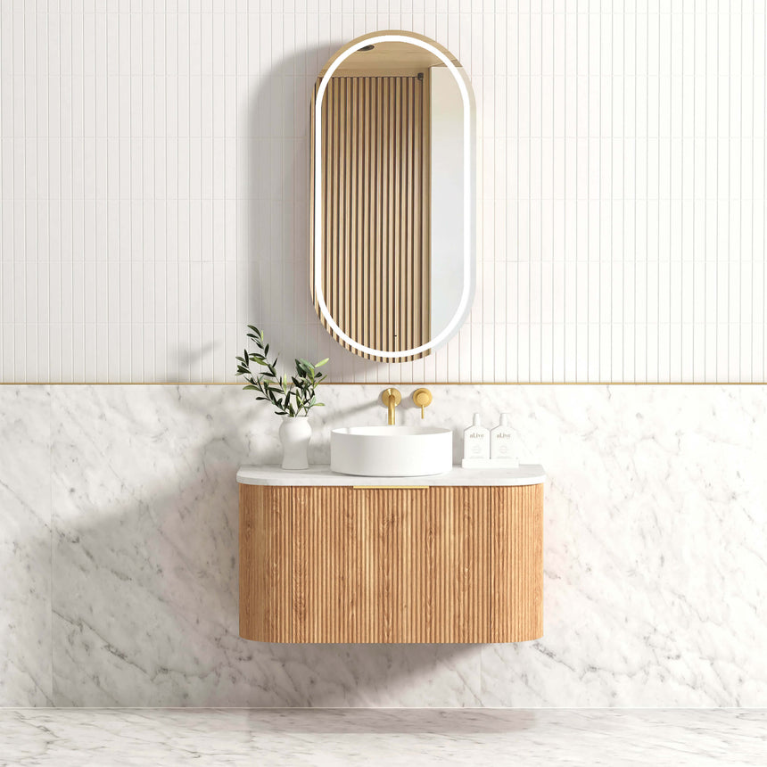 Bondi Woodland Oak Fluted Single Basin Vanity Vanity Otti Australia 900mm Natural Carrara White Marble-18mm