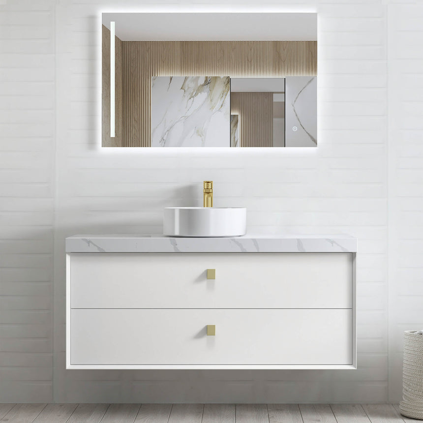 Boston Matte White Single Basin Vanity Vanity Otti Australia 1200mm Solid Surface Cloudy Carrara-20mm Above Counter