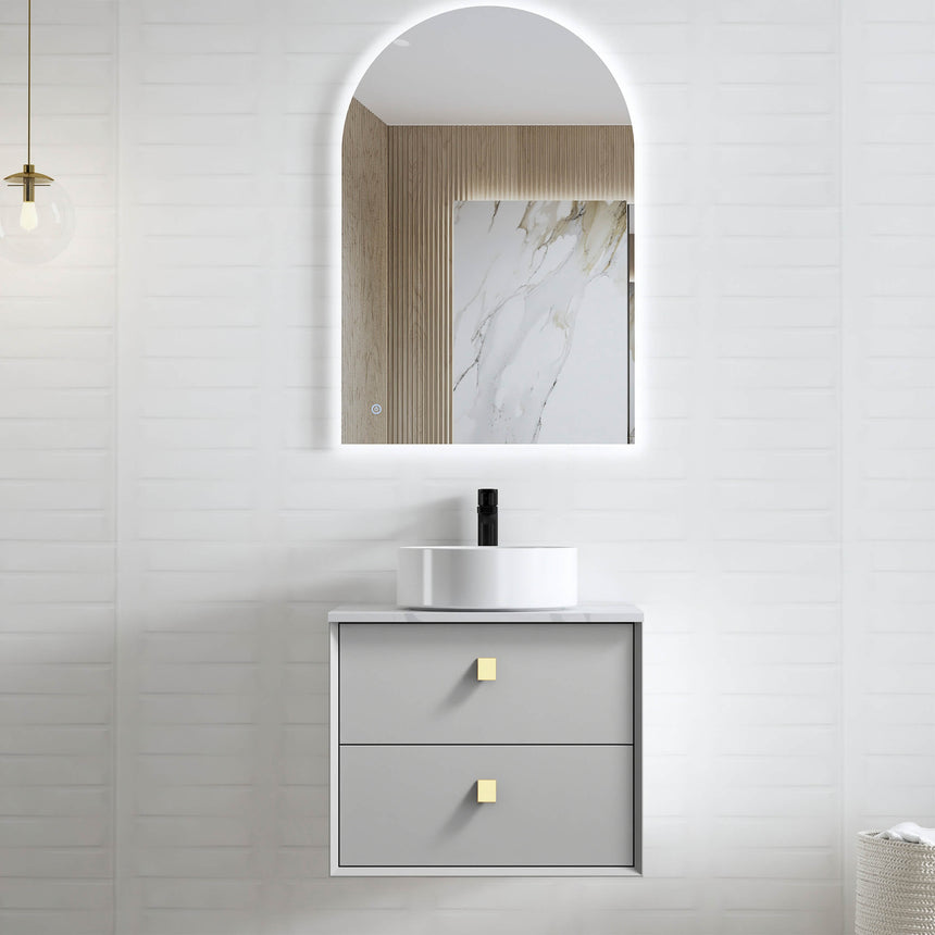 Boston Light Grey Single Basin Vanity Vanity Otti Australia 600mm Solid Surface Cloudy Carrara-20mm Above Counter