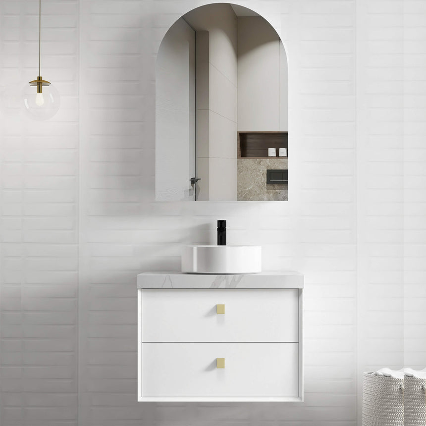 Boston Matte White Single Basin Vanity Vanity Otti Australia 750mm Solid Surface Cloudy Carrara-20mm Above Counter