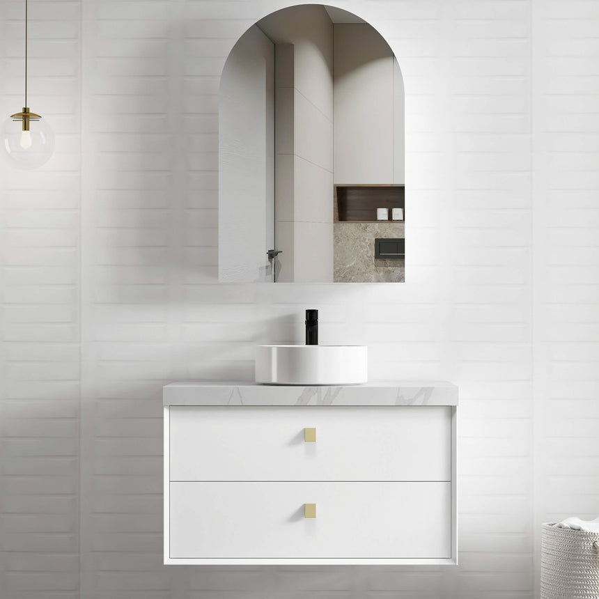 Boston Matte White Single Basin Vanity Vanity Otti Australia 900mm Solid Surface Cloudy Carrara-20mm Above Counter