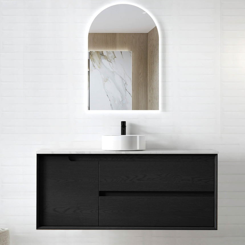 Byron Black Oak Single Basin Vanity Vanity Otti Australia 1200mm Solid Surface Cloudy Carrara-20mm Above Counter