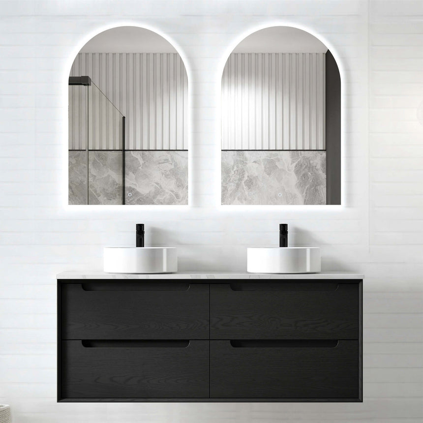 Byron Black Oak Double Basin Vanity Vanity Otti Australia 1200mm Solid Surface Cloudy Carrara-20mm Above Counter