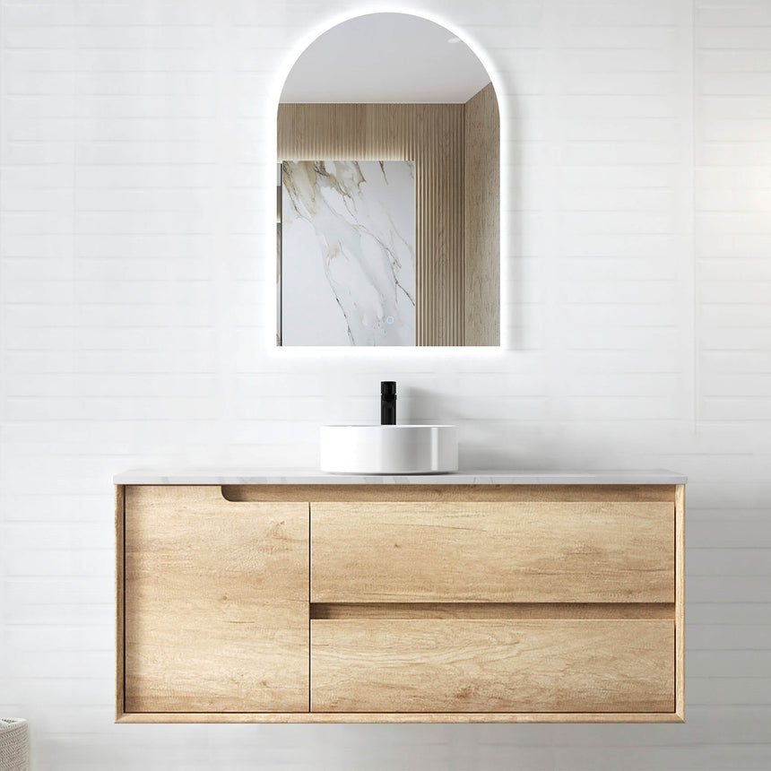 Byron Natural Oak Single Basin Vanity Vanity Otti Australia 1200mm Solid Surface Cloudy Carrara-20mm Above Counter