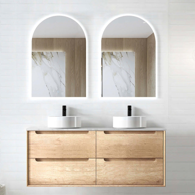 Byron Natural Oak Double Basin Vanity Vanity Otti Australia 1200mm Solid Surface Cloudy Carrara-20mm Above Counter