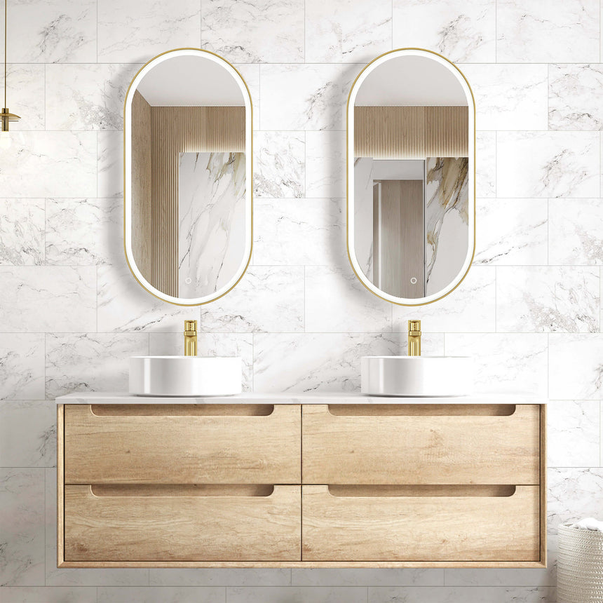 Byron Natural Oak Double Basin Vanity Vanity Otti Australia 1500mm Solid Surface Cloudy Carrara-20mm Above Counter