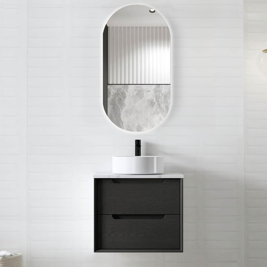Byron Black Oak Single Basin Vanity Vanity Otti Australia 600mm Solid Surface Cloudy Carrara-20mm Above Counter