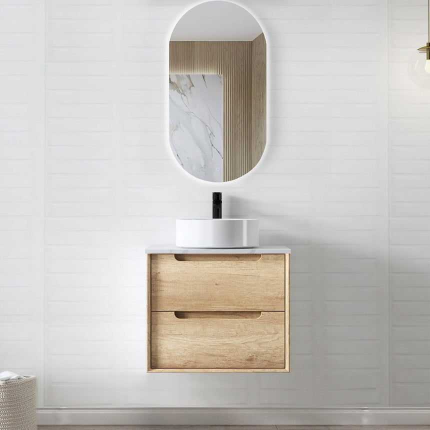 Byron Natural Oak Single Basin Vanity Vanity Otti Australia 600mm Solid Surface Cloudy Carrara-20mm Above Counter