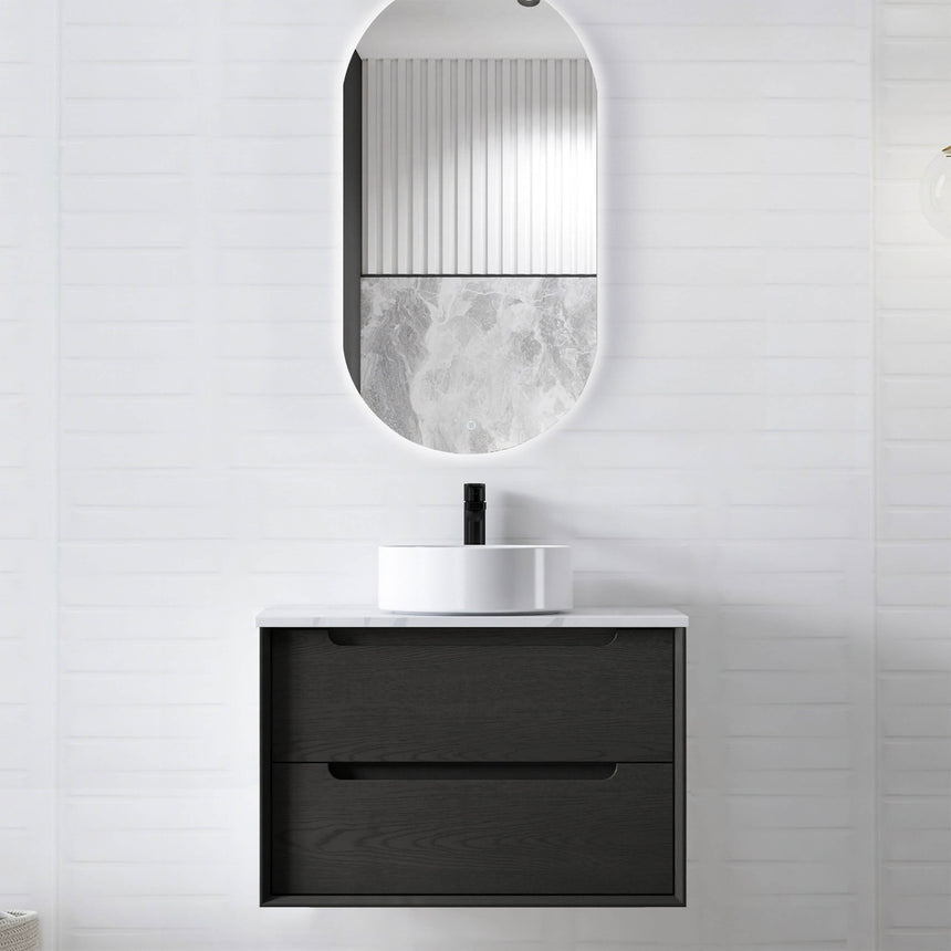 Byron Black Oak Single Basin Vanity Vanity Otti Australia 750mm Solid Surface Cloudy Carrara-20mm Above Counter